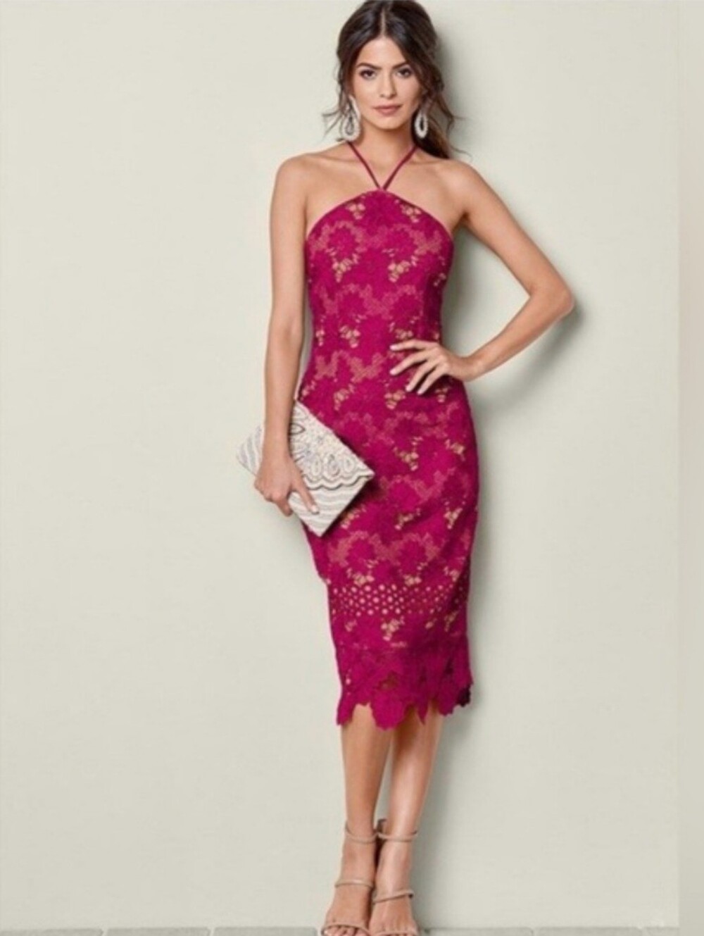 VENUS Fuchsia Lace Halter Midi Dress